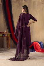 Ruhani Wine Roman Silk Embroidered Kurta Pant Set