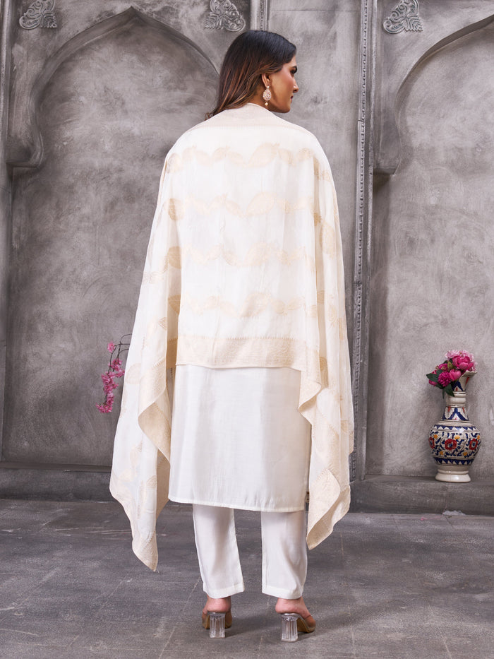 Off White Roman Silk Embroidered Kurti Pant Dupatta Set
