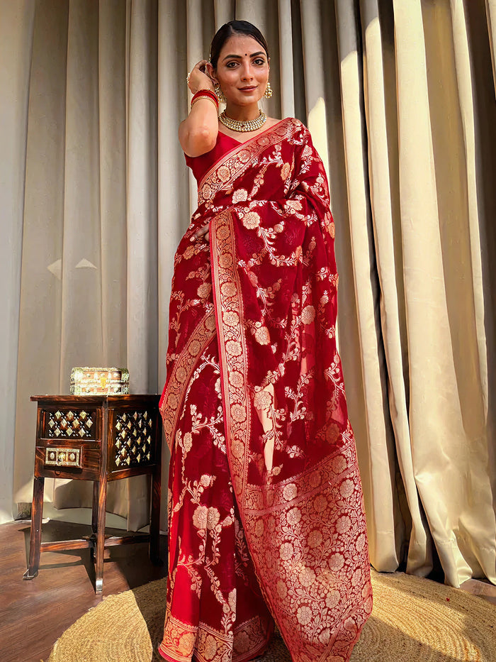 Elegant Red Jacquard Saree for Festive & Wedding Wear – Premium Woven Design