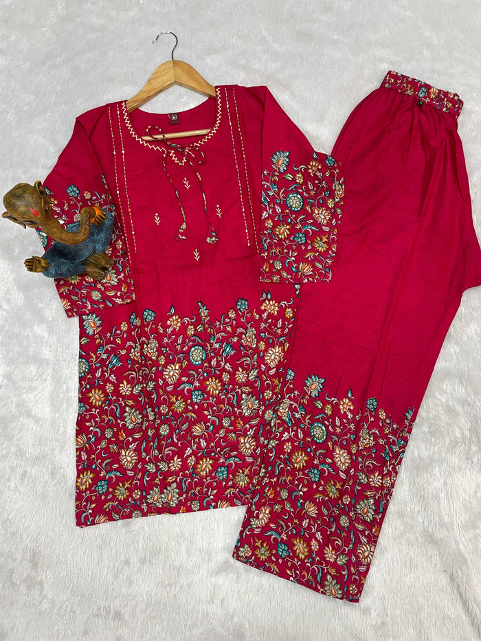 Rani Pink Pure Cotton Printed Co-Ord Set Trendy Women’s Top & Bottom Set