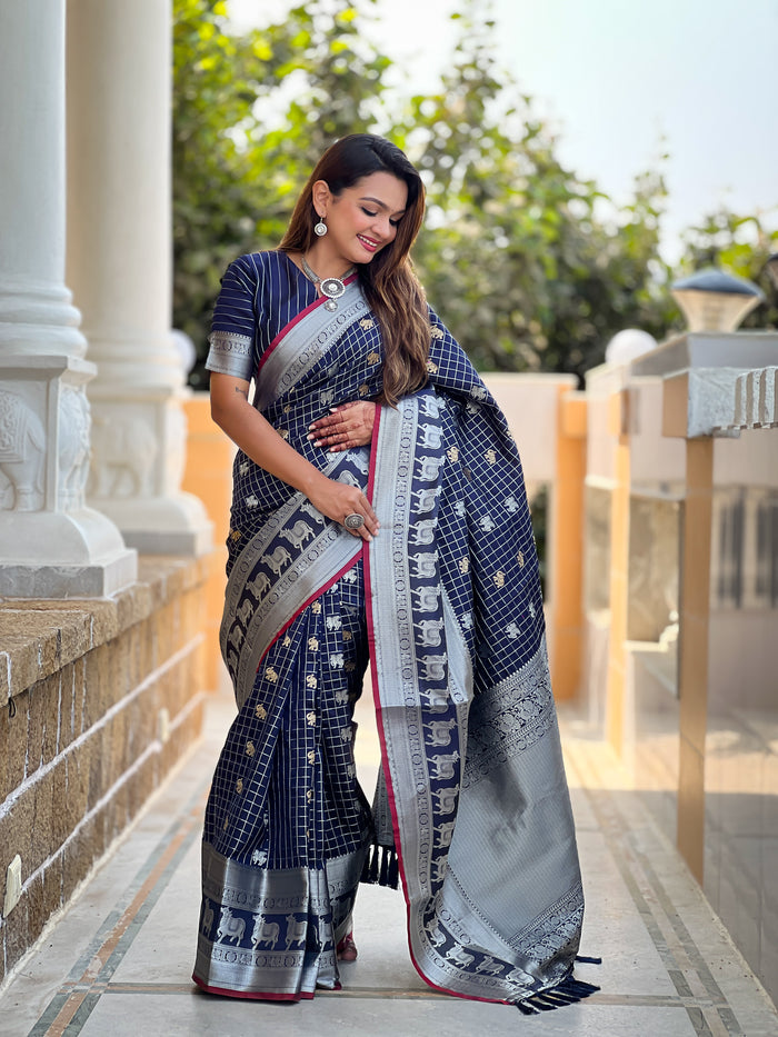 Royal Navy Blue Jacquard Saree – Elegant Weave for Festive & Party Wear