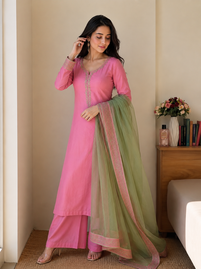 Blush Pink Embroidered Kurta Pant Set