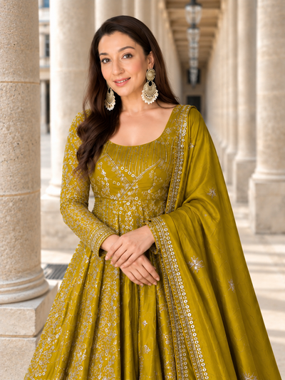 Mustard Embroidered Anarkali Gown Set