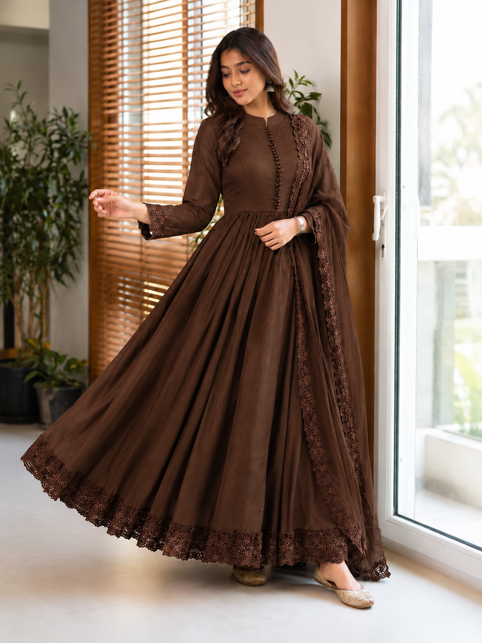 Roman Silk Embroidered Gown with Bottom & Dupatta