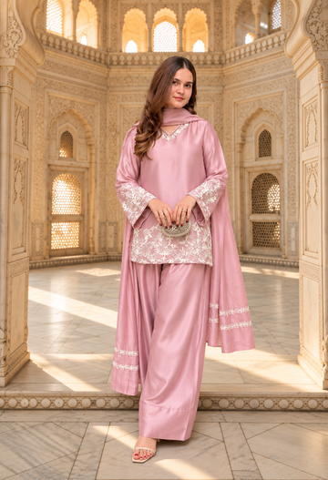 Pink Embroidered Silk Crepe Patiala Gharara Set