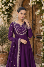 Wine Embroidered Vichitra Silk Anarkali Suit Set