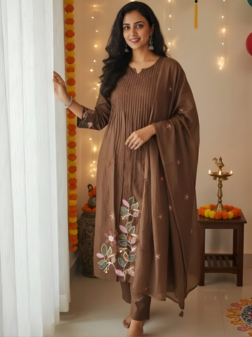 Aesthetic Mul Cotton Embroidery Madhavi Coffee Suit Set with Dupatta