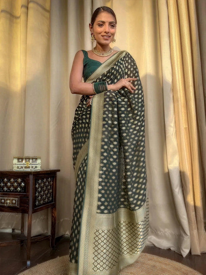 Mahendi Green Jacquard Saree – Premium Woven Festive Wear with Elegant Traditional Detailing