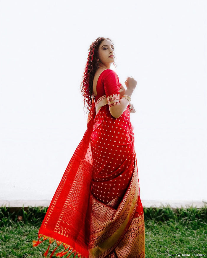 Vibrant Red Jacquard Saree – Luxurious Woven Texture & Festive Elegance