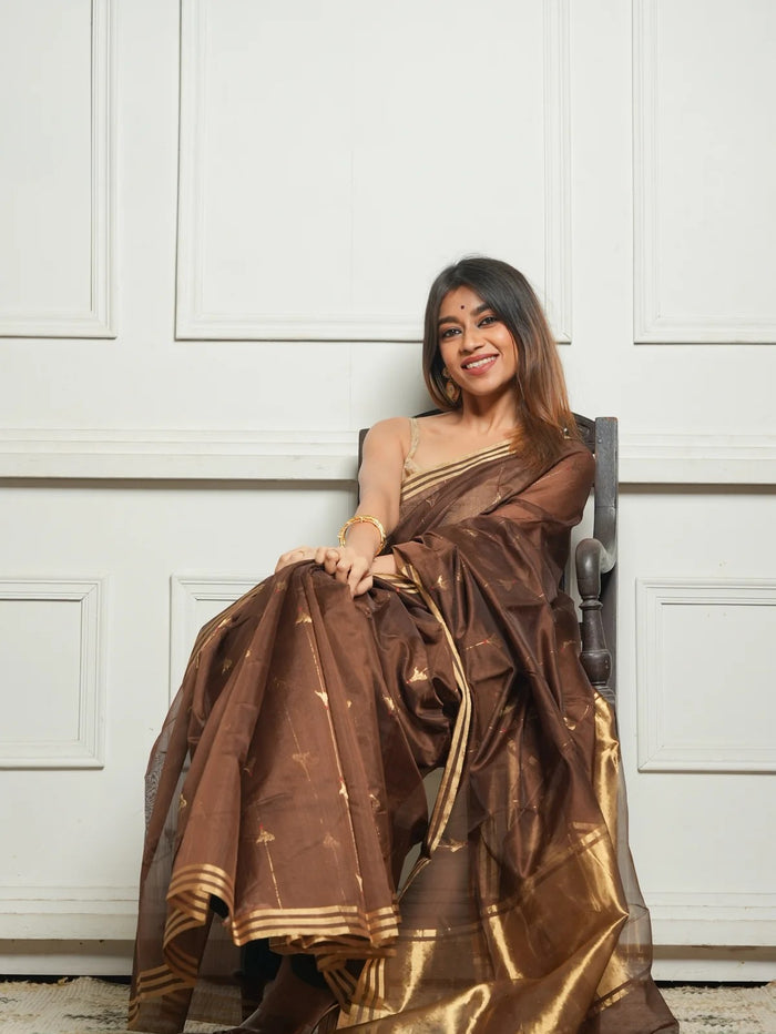 pure silk Classy Brown Colour Saree, Shining Party Wear