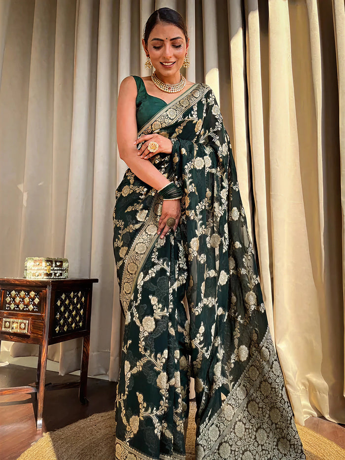 Emerald dark Green Jacquard Saree – Luxurious Woven Elegance for Special Occasions