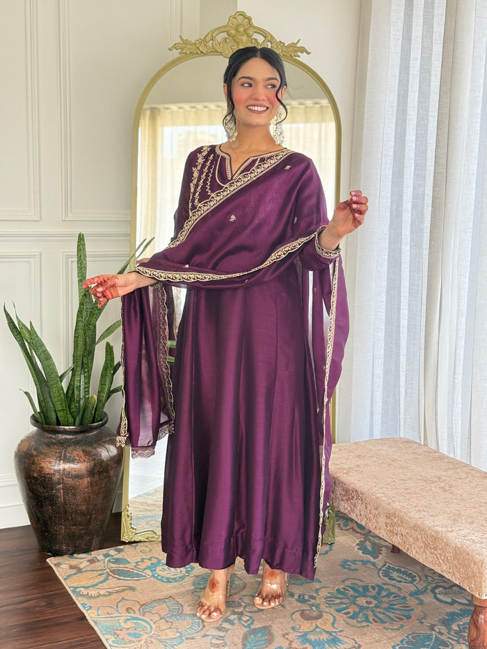 Wine Purple Vichitra Silk Anarkali Kurta Set