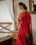 Red Jacquard Saree – Elegant Festive Wear with Rich Woven Detailing