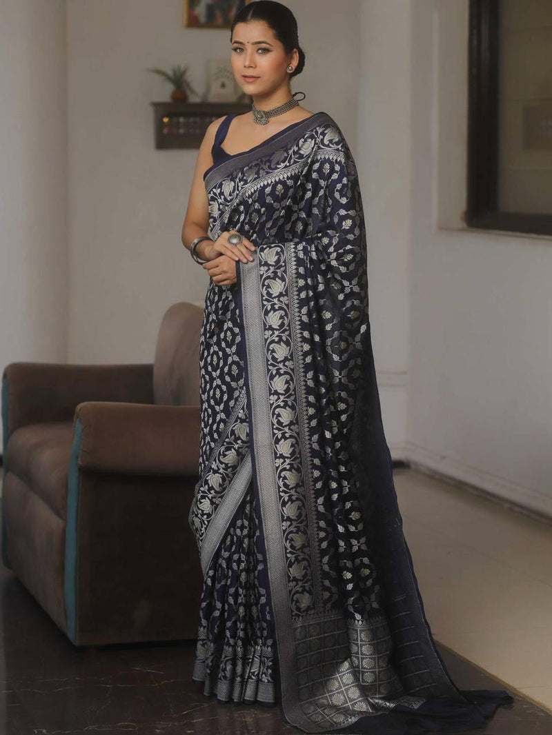 Premium Navy Blue Jacquard Saree