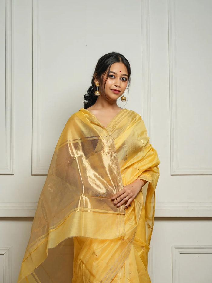 Yellow Cotton Silk Saree – Soft Linen Feel with Rich Jacquard Pallu