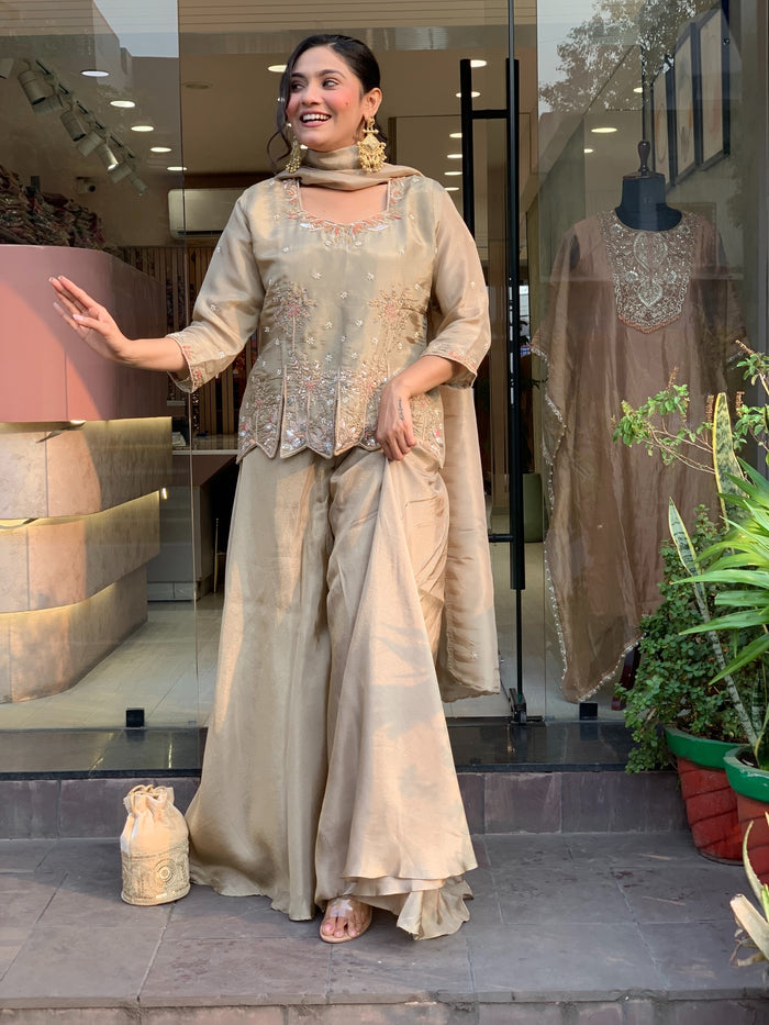 Champagne Embroidered Silk Palazzo Set
