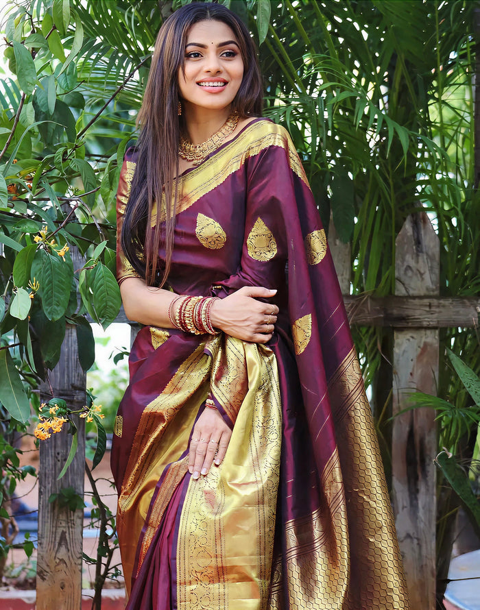 Premium Wine Jacquard Saree – Rich Woven Detailing & Sophisticated Festive Look
