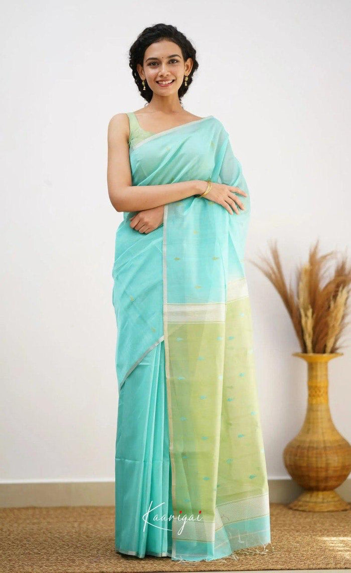 Sky Pista Jacquard Saree – Soft Pastel Elegance with Rich Woven Detail