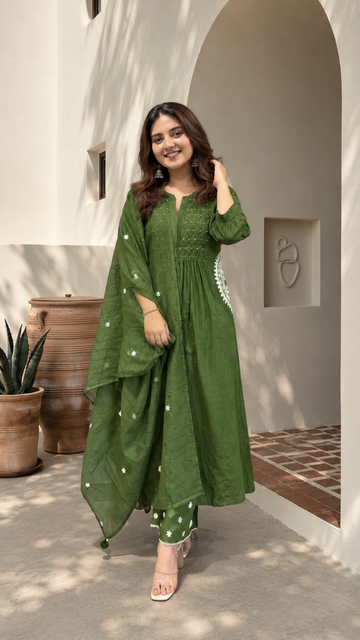 Elegant Green Pure Mul Cotton Embroidered Suit Set