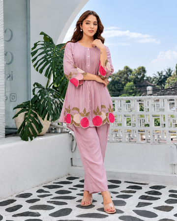 Elegant Lavender Mul Chanderi Embroidered Cord Set for Women
