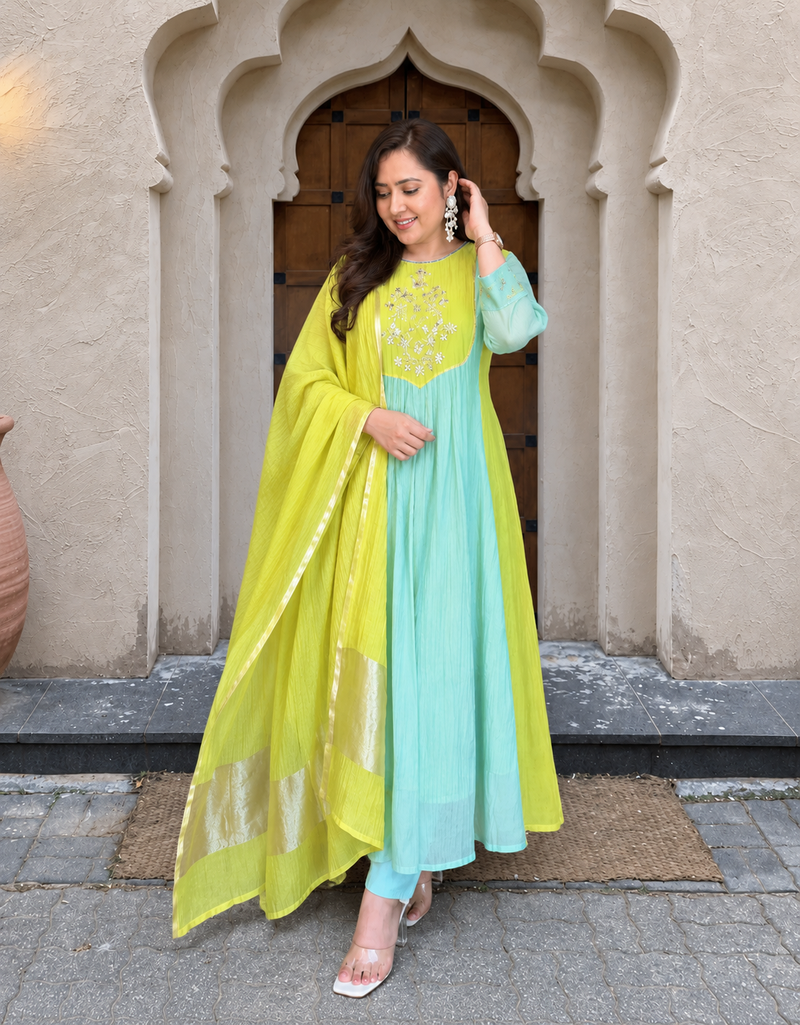 Elegant Mint Green & Lime Yellow Embroidered Anarkali Suit Set