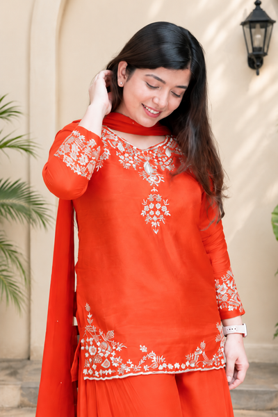 Elegant Sunset Orange Mul Chanderi Handcrafted Suit Set