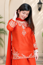 Elegant Sunset Orange Mul Chanderi Handcrafted Suit Set