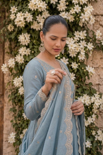 Grey Embroidered Vichitra Silk Anarkali Suit Set