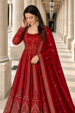 Red Crunchy Silk Embroidered Anarkali Gown Set
