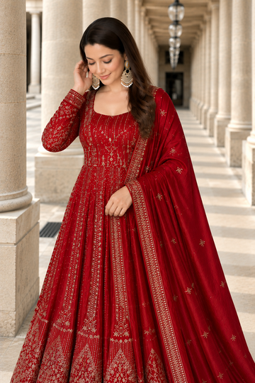 Red Crunchy Silk Embroidered Anarkali Gown Set