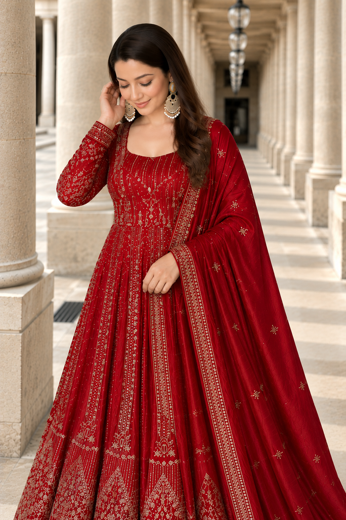 Red Crunchy Silk Embroidered Anarkali Gown Set
