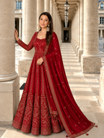 Red Crunchy Silk Embroidered Anarkali Gown Set
