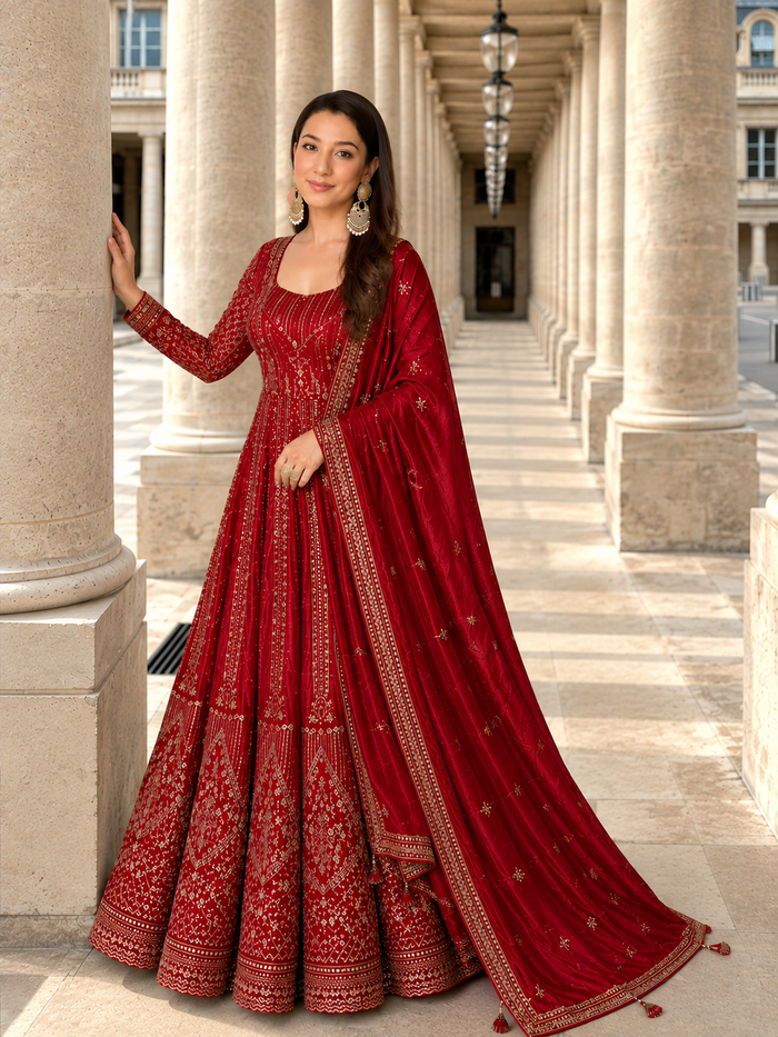 Red Crunchy Silk Embroidered Anarkali Gown Set
