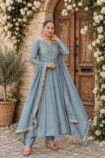 Grey Embroidered Vichitra Silk Anarkali Suit Set
