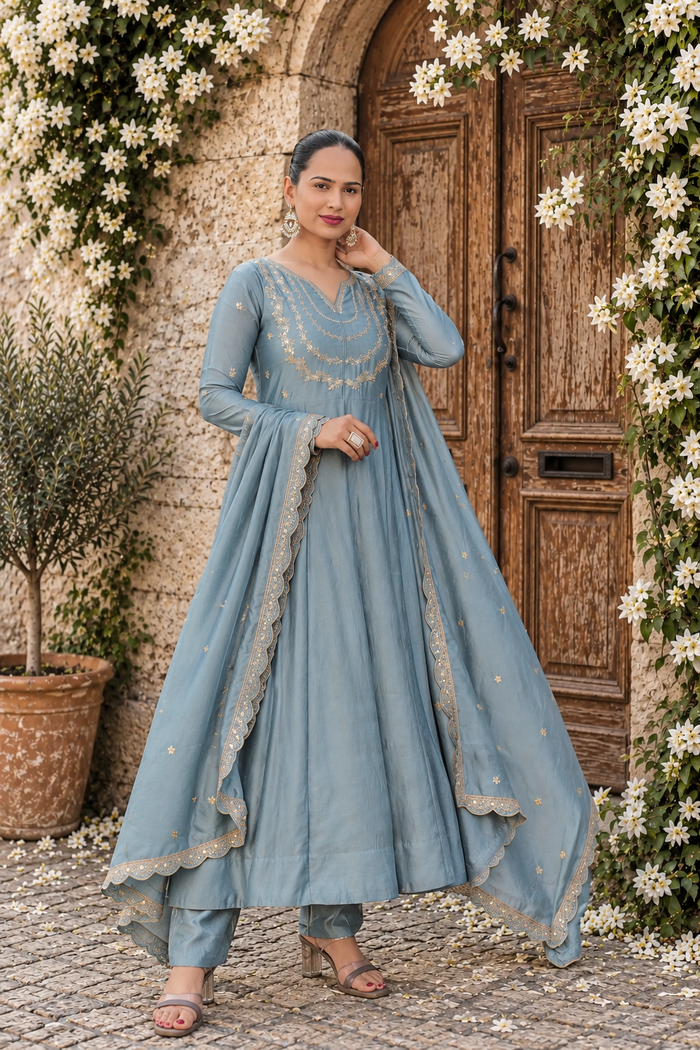 Grey Embroidered Vichitra Silk Anarkali Suit Set