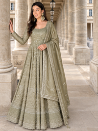 Grey Embroidered Anarkali Gown Set