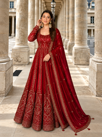 Red Crunchy Silk Embroidered Anarkali Gown Set