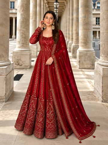 Red Crunchy Silk Embroidered Anarkali Gown Set