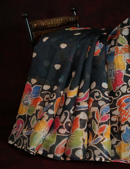 Awesome Black Colored Cotton Linen Designer Printed Saree