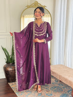Wine Purple Vichitra Silk Anarkali Kurta Set