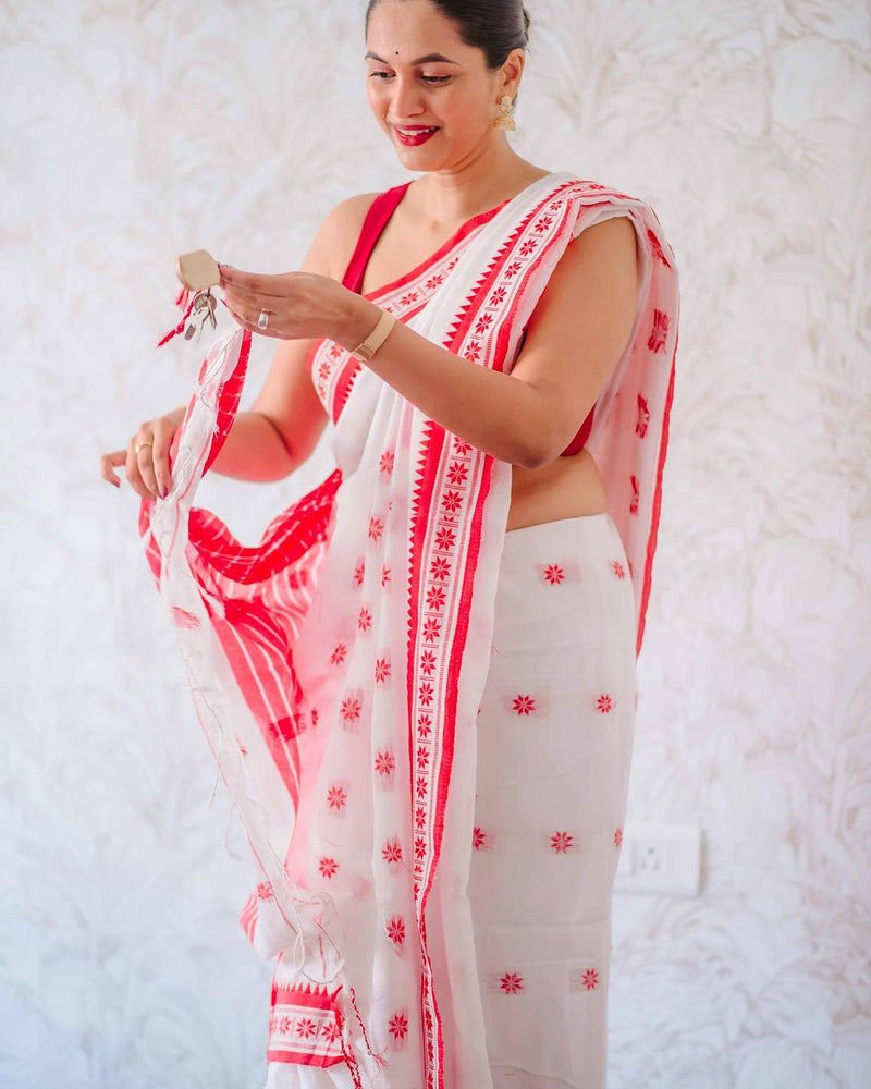 Elegant White Jacquard Saree