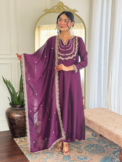 Embroidered Vichitra Silk Anarkali Suit Set