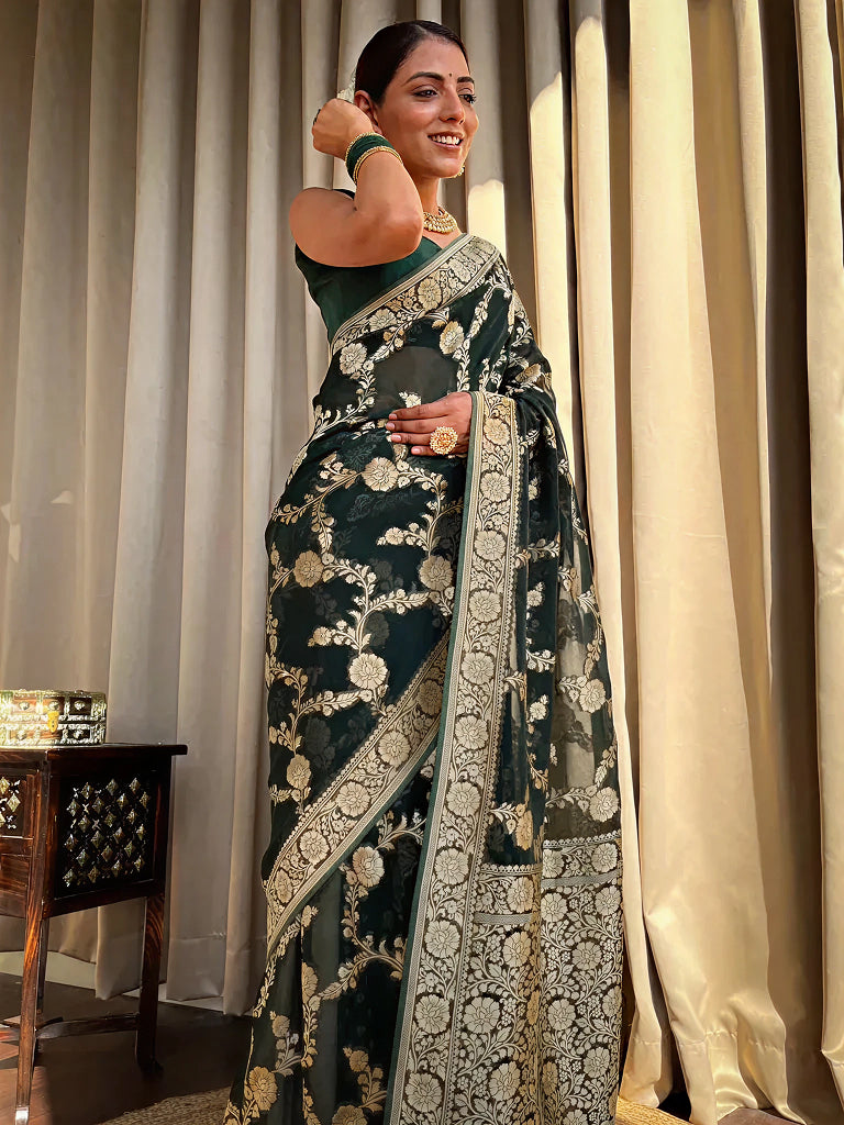 Emerald dark Green Jacquard Saree