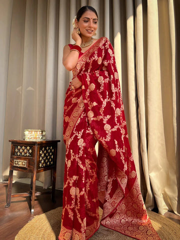 Elegant Red Jacquard Saree for Festive & Wedding Wear – Premium Woven Design
