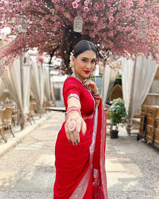 Red Jacquard Saree – Elegant & Festive Indian Ethnic Wear