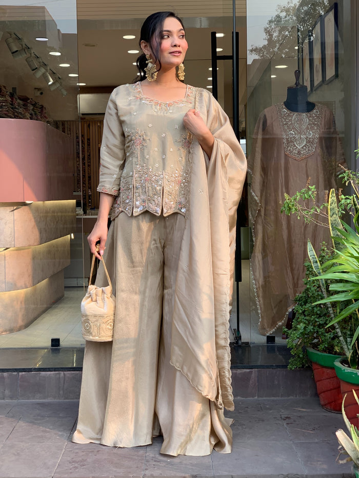 Champagne Embroidered Silk Palazzo Set