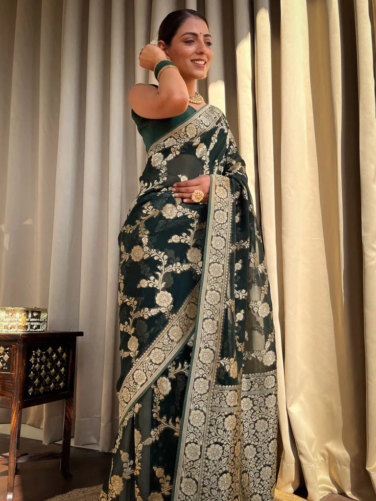 Emerald dark Green Jacquard Saree