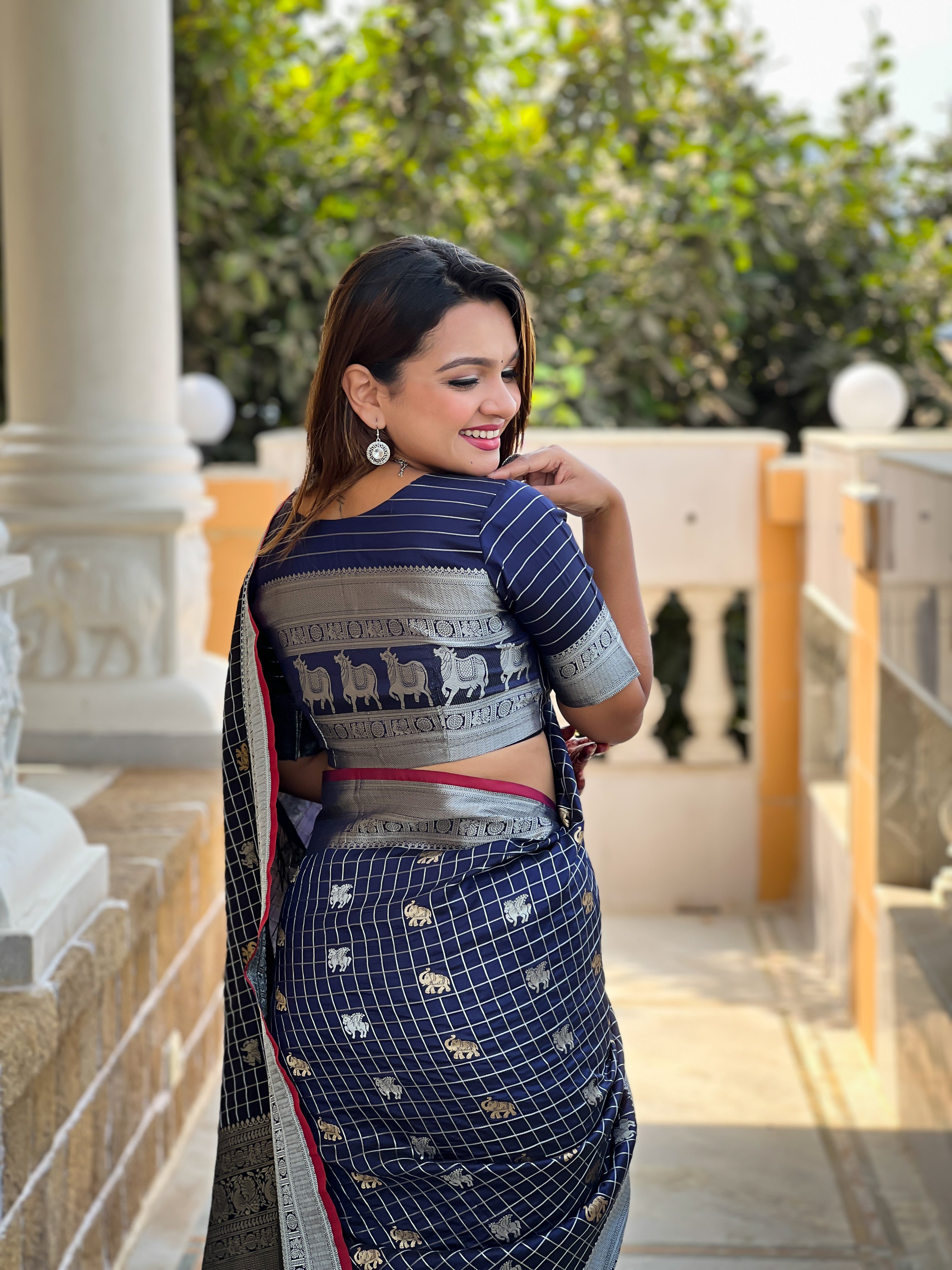 Royal Navy Blue Jacquard Saree