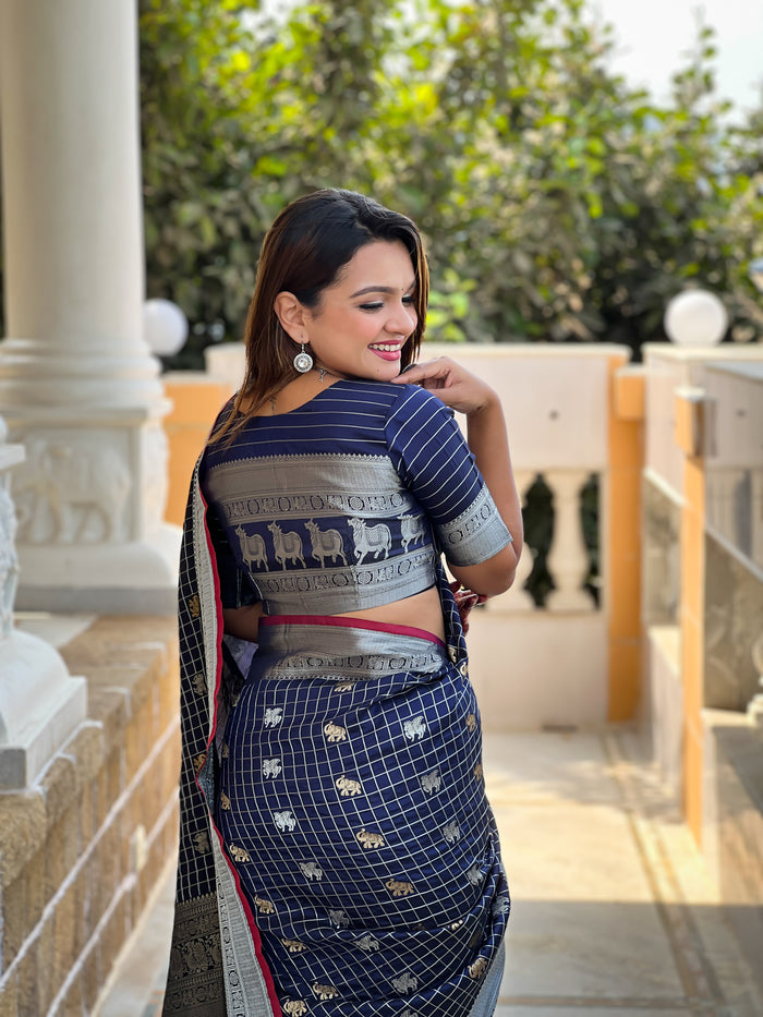 Royal Navy Blue Jacquard Saree – Elegant Weave for Festive & Party Wear