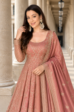 Rose Gold Embroidered Anarkali Gown Set